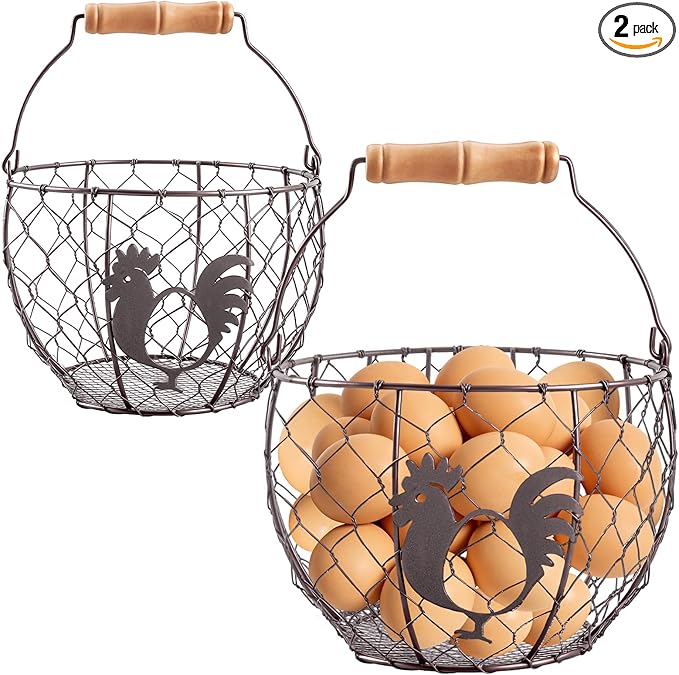 Consevisen Egg Basket for Gathering Fresh Chicken Eggs, 2 Pack, Metal Wire Basket with Wooden Handle, Collecting and Storage Holder for Kitchen Countertop with Vintage Farmhouse Rooster Decor, Round
