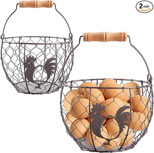 Consevisen Egg Basket for Gathering Fresh Chicken Eggs, 2 Pack, Metal Wire Basket with Wooden Handle, Collecting and Storage Holder for Kitchen Countertop with Vintage Farmhouse Rooster Decor, Round
