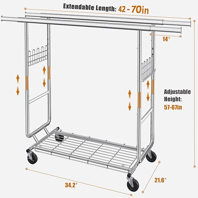 Gewudraw Heavy Duty Clothes Rack Load 900 Lbs, Double Rod Rolling Clothing Rack With Sturdy Wheel And Shelves，Adjustable Portable Hanging Rack For Clothes,Silver Stainless Steel