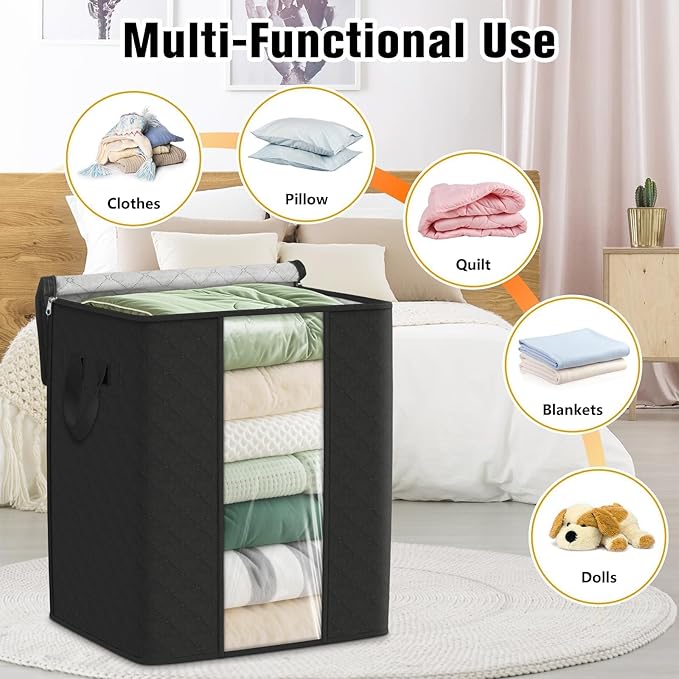 SpaceTrove Clothes Storage Bags, 6-Pack Comforter Blanket Organizers, 80L Large Capacity Containers with Visual Window for Clothing, Quilt, Sheet, Pillow, Closet Organization for Bedding (Black)