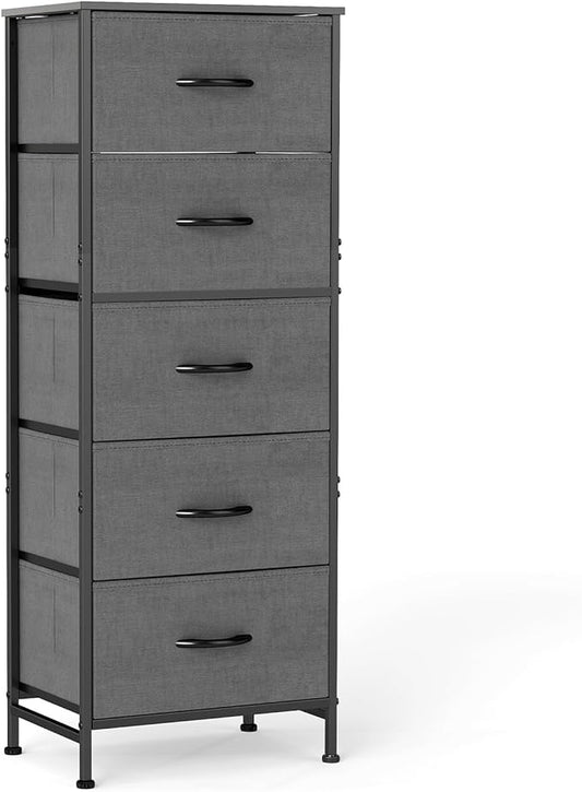 DUMOS Nightstand with 5 Drawers Bedside Table with Removable Fabric Bins Sturdy Steel Frame Wood Top Organizer Furniture for Bedroom Nursery Closet Living Room, Grey