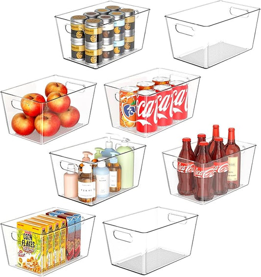 8 Pack Large Clear Plastic Storage Bins, Refrigerator Cabinet Organizers with Handles for Pantry Organization and storage, Perfect for Home Organization, Kitchen, Laundry, Office& Garage