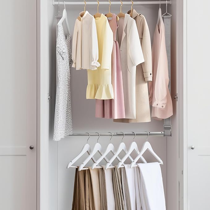 Hanging Closet Rod, 17-28In Width and Up to 32In Height Closet Extender, Double Hanging Bar with Powder-Coated Metal Pole and Adjustable Webbing, Space-Saving Tension Organizer, 2 Pack