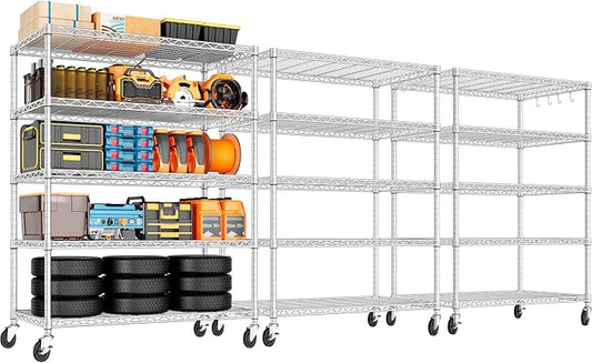 PrimeZone 5 Tier 48" Wx24''Dx81''H Wire Shelving with Wheels 3000lbs NSF Certified Storage Shelves Heavy Duty Metal Shelf Adjustable Rolling Rack Commercial Garage Restaurant Warehouse Chrome 3Pack