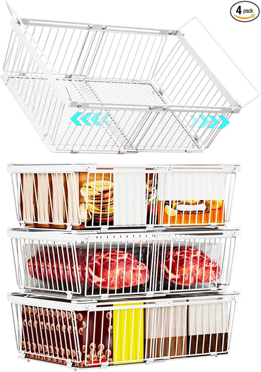 Large Freezer Organizer Bins，Upgraded Bottom Leak-Proof net，4 Pack， Expandable Stackable Chest Freezer Containers with Handle，for Fridge, Deep Freezer, Cabinet, Kitchen, Pantry (White-4Pack)