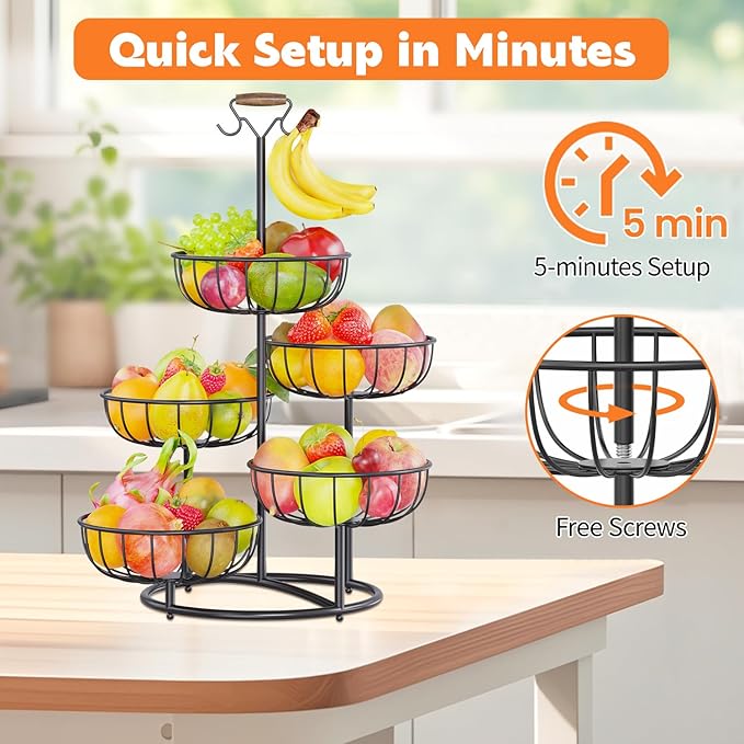 PouHenier.jh 5 Tier Fruit Basket Tower Stand with Banana Hanger for Kitchen Counter, Vegetable Tiered Shelf for Countertop, Tall Standing Produce Holder for Potato, Onion with Stable Base (Black)