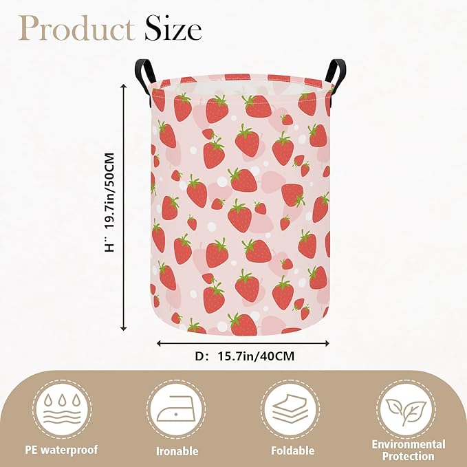 HUNRUNG Collapsible Fabric Storage Basket, Waterproof Laundry Hamper with Handles, Round Storage Bin for Clothes Toys, Foldable Organizer for Bedroom Nursery Bathroom(Round-Pink Strawberry)