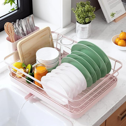 Kitsure Dish Drying Rack for Kitchen Counter, Stainless Steel Sink Organization and Storage Essentials with Cutlery Holder, Home and Appartment Decor, 12''W x 15.5''L, Pink