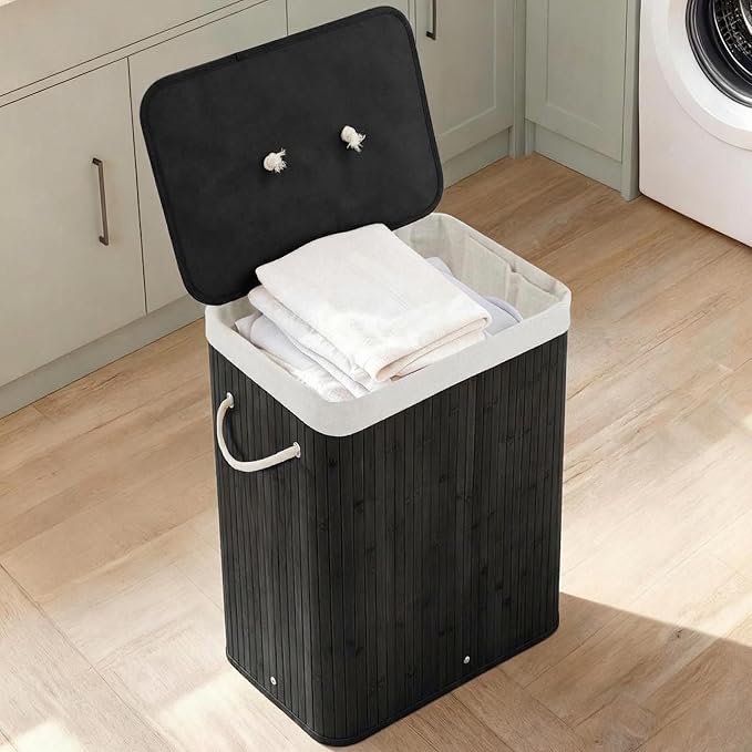 GarveeHome Folding Bamboo Laundry Hamper with Lid, 27.5 Gallon Wooden Laundry Basket with Washable Liner Bag, Slim Clothes Storage Hamper for Small Bedrooms Apartments Dorms (Black - Rectangle)