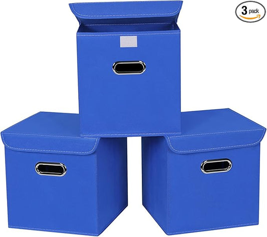 Closet Organizers Fabric Storage Bins With Lids Collapsible Cube Storages Organizer Basket With Handles,Storage Boxes for Clothes Storage,Office,Toys,3 Pack,（Dark Blue