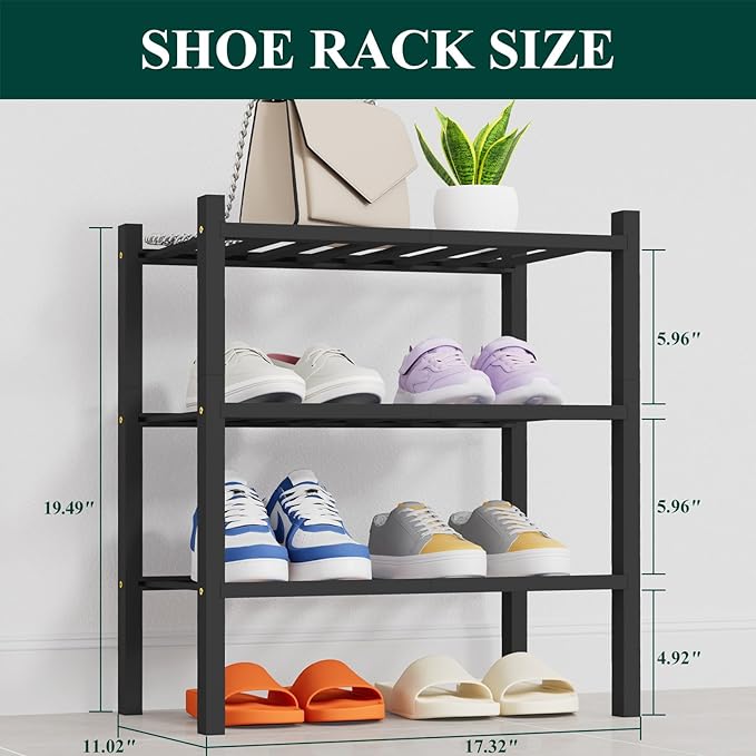 Smiry Shoe Rack, 3 Tier Thick Small Bamboo Shoe Organizer, Stackable Free Standing Wooden Shoe Storage Shelf for Closet, Entryway, Front Door Entrance, Black