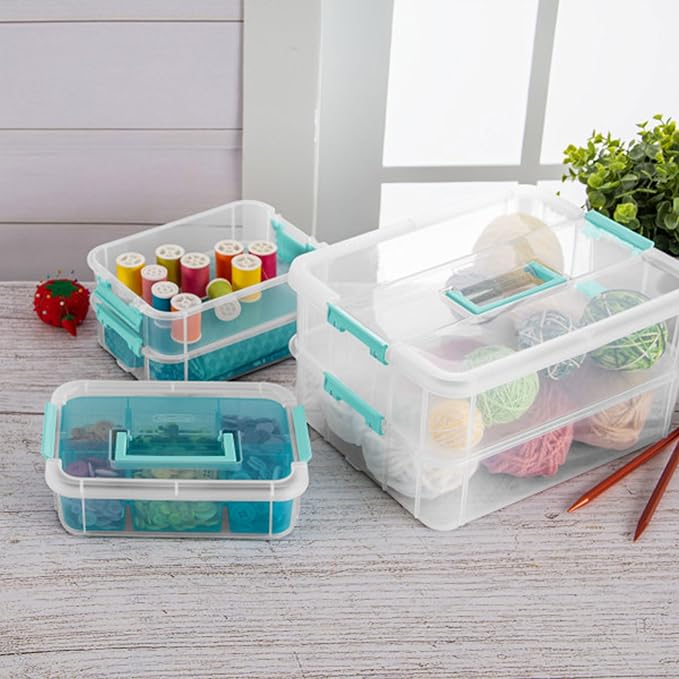 Sterilite 18 Pack Plastic Storage Box Container, 3 Layer, Stack and Carry, Clear/Blue