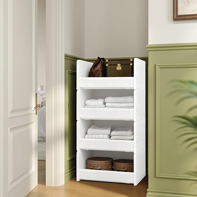 FOUCSSOMEI 4-Tier Stackable Closet Organizer and Storage, Closet Shelves – Heavy-Duty Closet Darwers Wood & Metal, Easy Assembly, Space-Saving,White, Patent Design