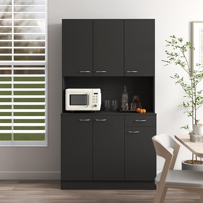 Modern Kitchen Pantry Cabinet, 70.86" Tall Freestanding Cupboard with Multi-Tier Storage Rack and Microwave Stand for Kitchen, Living Room,Black