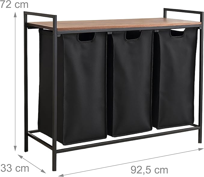 Relaxdays sorter with 3 Removable Laundry Bags, with Shelf, HWD 72x92.5x33 cm, Metal Basket, Brown/Black, Iron, Fibreboard, Polyester, 72 x 92.5 x 33 cm