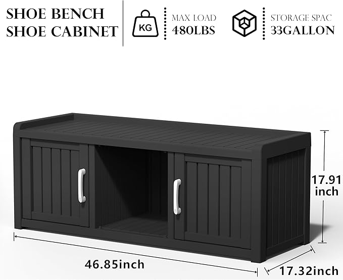EasyUp Shoe Bench Waterproof,Resin Shoe Cabinet,Outdoor Storage,Industrial Hallway Bench with Adjustable Shelves for Entryway,Living Room,Bedroom(Deep Black,Two-Door)