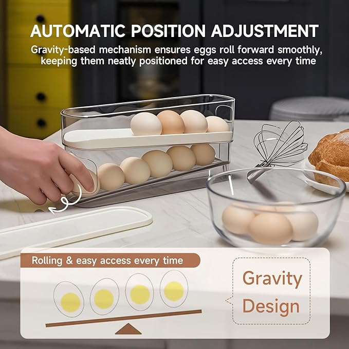Rolling Egg Holder for Fridge, Egg Dispenser for Refrigerator, Automatic Rolling Storage Container for Countertop, Kitchen & Outdoor Use (3.35"x3.74"x11.02") 2 Pack
