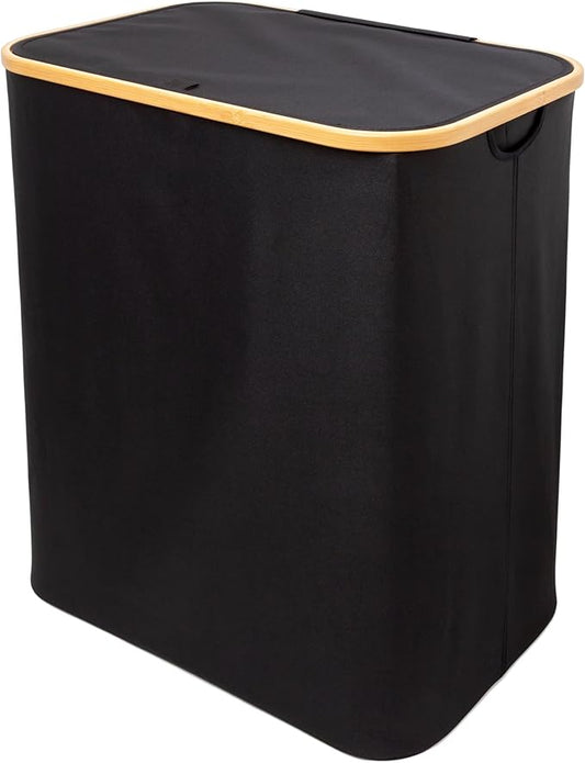 QUALIAZERO 120L Dual Laundry Hamper with Lid – 2-Section Bamboo Frame Hamper with Removable Bags & Easy-Lift Cover, Large Capacity for Families, Bathroom or Bedroom (ONYX BLACK, DUAL)