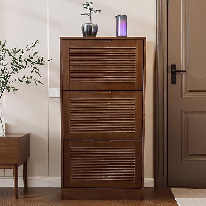 Solid Shoe Storage Cabinet with 3 Flip Drawers, Narrow Wood Shoe Organizer Cabinet with Fluted Panel, Slim Shoe Rack for Entryway, Freestanding Shoe Cabinet for Entryway Hallway Foyer ，Walnut