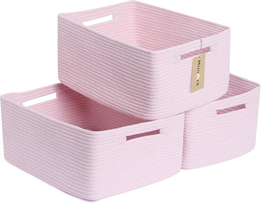 MiniArk Large Storage Baskets for Shelves, Closet Organizers Bins for Clothes Blanket Towels, Baby Nursery, Toy Baskets Box, Woven Rope Baskets, 17 x 13 x 7.5”, 3 Packs Light Pink