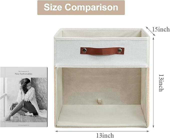 Bagnizer Storage Cubes, 4 Pack Linen Foldable Storage Bins with Clear Window and 2 Handles, 13x15x13 Storage Cube Bins for Shelf Closet, Kallax, Clothes, Books - (Beige and White)
