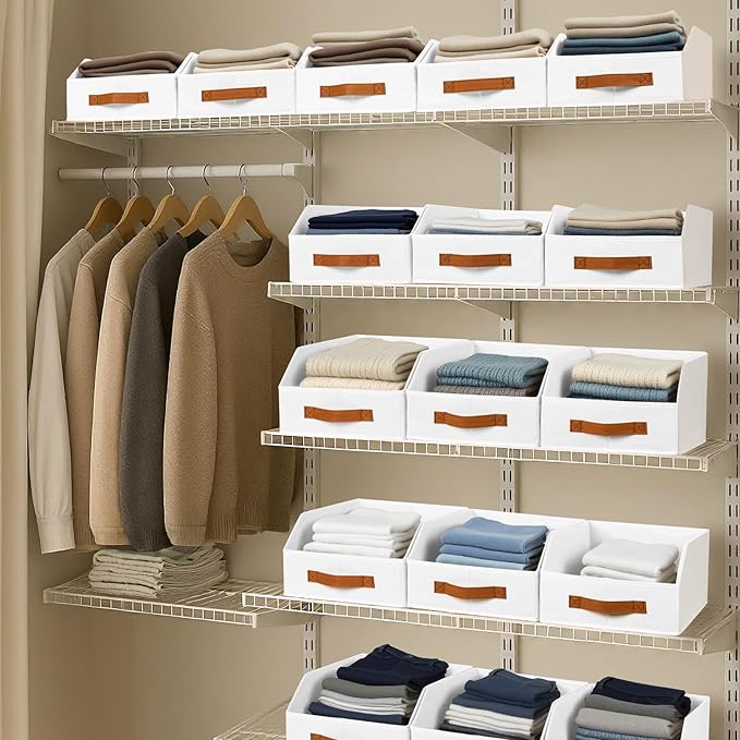 Homsorout Fabric Storage Bins for Organizing - 8 Pack Large Trapezoid Collapsible Storage Bins with Front Handle, Closet Organizers and Storage for Bedroom, Home Shelves, Small Spaces, White
