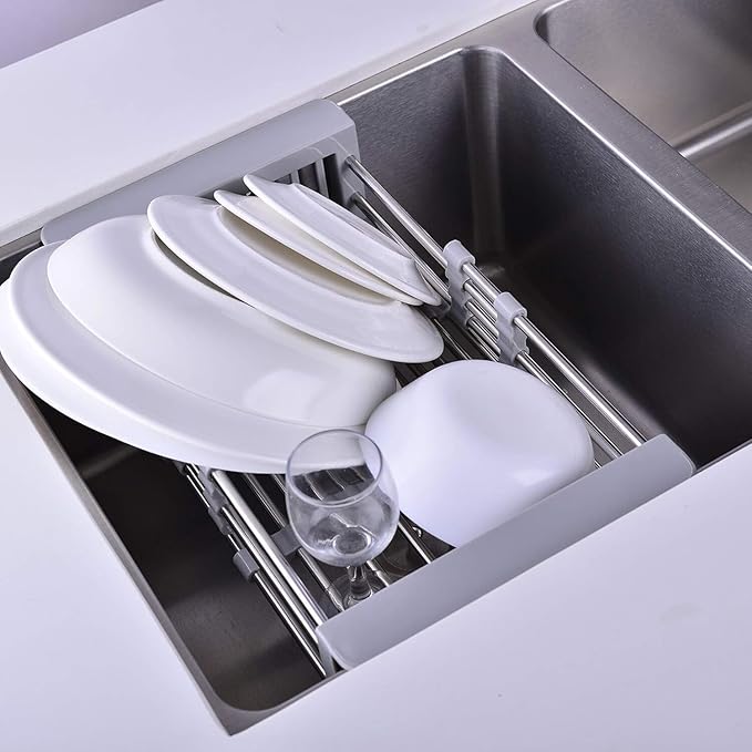 ASEANAO Stainless Steel Kitchen Drying Rack, Retractable Drain Basket with Adjustable Armrest, Over The Sink Dish Drying Rack (Large)