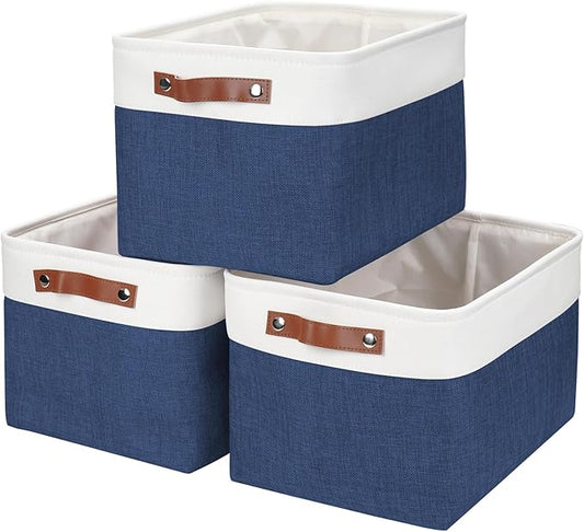 Bagnizer Storage Bins Large Fabric Storage Baskets for Shelves 3 Pack, Decorative Linen Closet Baskets with Handles for Organizing, Shelf, Clothes, Home, Office, 15x11x9.5Inches (NavyBlue&White)