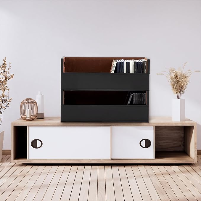 CroBlissful 2 Set Leather Cd Storage Box Organizer Shelf for Movie Cases Cassette Tape Display Stand with Carrying Handles Each Store up to 33 Pcs Cds for Dvds, Video Game Disks, Albums, Books