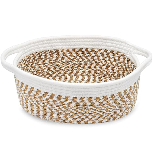 ABenkle Small Basket, 12"x 8" x 5" Cute Small Woven Basket, Rope Room Shelf Storage Basket, Cat Dog Toys Basket Chest Box, Decorative Empty Gift Basket with Handles