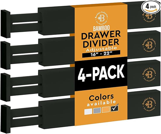 Bambüsi 4 Pack Drawer Dividers - 2.6" High, 16-22" Adjustable Drawer Bamboo Organizers for Clothes, Expandable Dresser Separators in Bedroom/Bathroom/Kitchen/Office Organization and Storage (Black)
