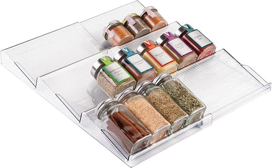 mDesign Expandable Plastic Deluxe Spice Rack, Drawer Organizer for Kitchen Cabinet Drawers, 3 Tier Slanted for Spice Jars, Food Seasoning Bottle Storage, Ligne Collection - Clear