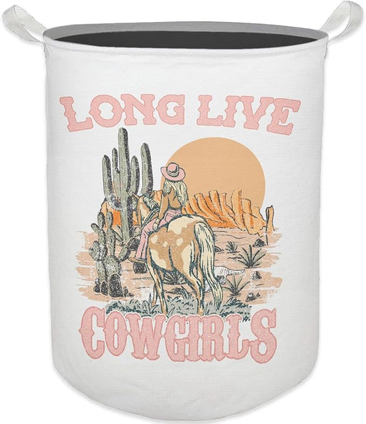 Pink Western Cowgirl Laundry Basket, Toybox for Girls Room, Long Live Cowgirls Laundry Basket Hamper Waterproof Collapsible Clothes Toys Storage Bin Organizer for Bedroom Bathroom Kids Room Dorm