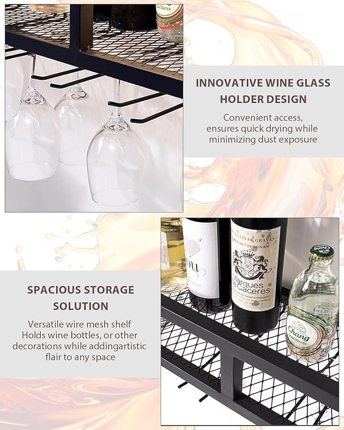 59" Large Wine Rack Wall Mounted with Bottle Glass Holder, 3-Tiers Metal Bar Shelves for Liquor Bottles with LED Light, Wall Wine Rack for Home, Restaurant, Commercial Bar, Kitchen Storage Display