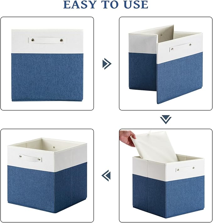 FinishingBo 13 x 13 Inch Fine Linen Storage Bins with Handles，Fabric Cube Boxs，Basket Organizers for Shelves for Home, Closet Drawers (White/Blue-4 Pack)