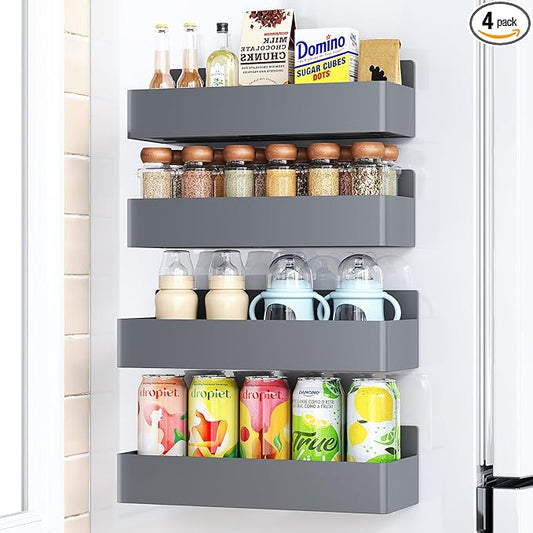 Mystozer Magnetic Spice Rack for Refrigerator, Kitchen Organizer and Storage Shelf, Grey (4 Pack)…