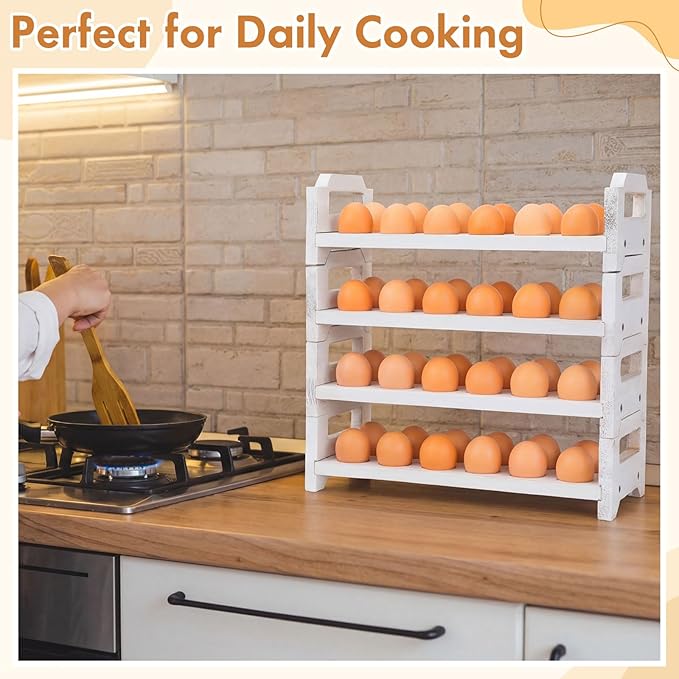 Reallnaive 4 Tier Wooden Egg Holder for Countertop, Stackable Fresh Egg Storage Farmhouse Collecting Rack for Gathering Kitchen Organizer Duck Eggs Display, Stackable with 72 Eggs (White,Pine)