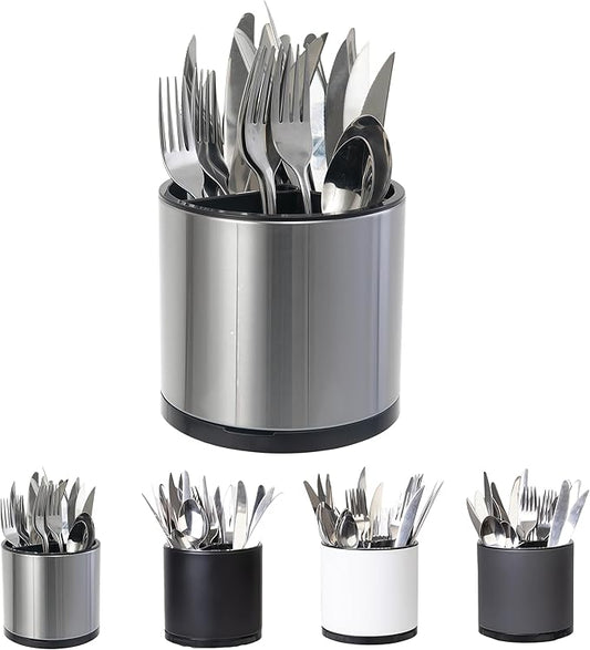 LIBODOUR Kitchen Utensil Holder Extra Large 360°Rotating For Counter Organizer Stainless Steel Storage Cooking Silverware Caddy 3 Compartment Flatware Spoon Spatula Tool Cutlery Container