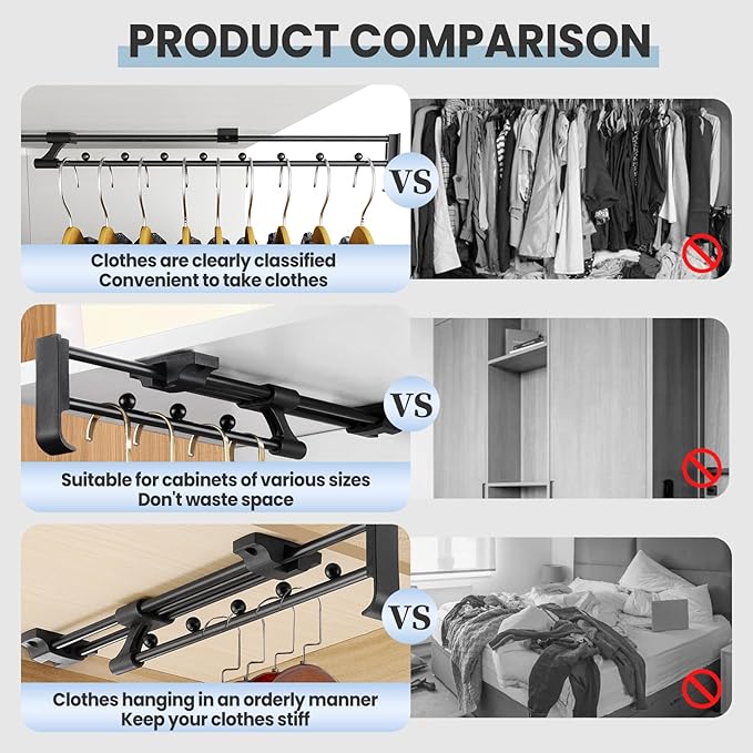 Adjustable Pull Out Closet Rod,Closet Pull Out Hanger Rod,Retractable Pant Rack for Closet Suitable for Various Types Of Home Wardrobes,Office Wardrobes,Closets,Etc (2 PICE) (Black, 14" to 24")