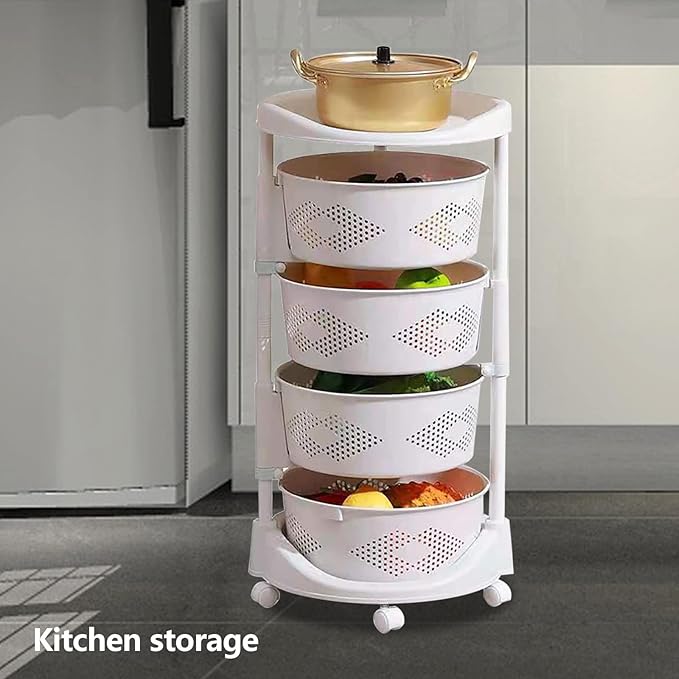 4 Tier Rotating Kitchen Storage Basket Rack Storage Shelf Cart Fruit Vegetable Organizer with Casters Rolling Multi-Layer Round Bin Storage Space Saver for Home Household Grocery