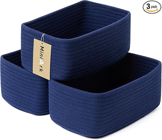 MiniArk Small Storage Baskets for Organizing | Closet Organizer Bins | Shelf Toy Basket | Woven Rope Baskets | Cube Decorative Box | Shallow Basket | 11.5x7.5x4.7” | 3 Packs Navy Blue