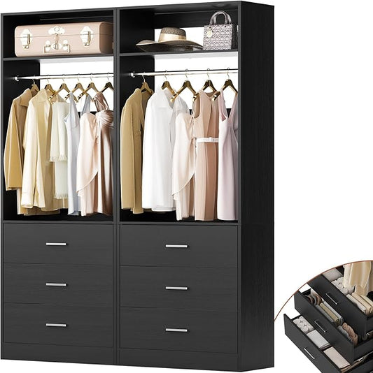 Besiost Closet System Set of 2, 4FT Closet Systems with 6 Wood Drawers, 48" Closet Organizer System with 2 Hanging Rods & 2 Shelves, Heavy Duty 48 Inch Walk-in Closet, Black (48"L x 15" W x 80" H)