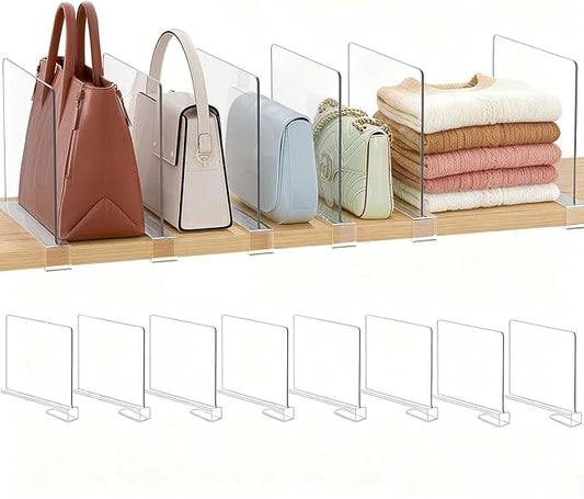 Purse Organizer for Closet Shelf Dividers: 8-Pack Adjustable Clear Acrylic Bag Storage Organizer for Handbags, Sweaters, Towels, Jeans and Shoes on Wood Shelves