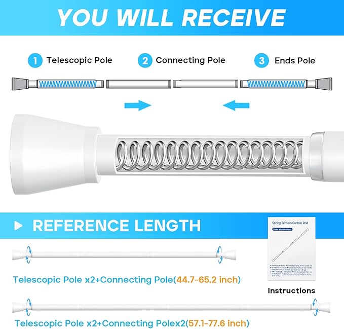 Shower Curtain Rod White Tension Rod 45 to 77 Inch Spring Curtain Shower rod Non Slip 1pcs for Windows No Drilling Adjustable Tension Rods of Curtain Window Closet Kitchen