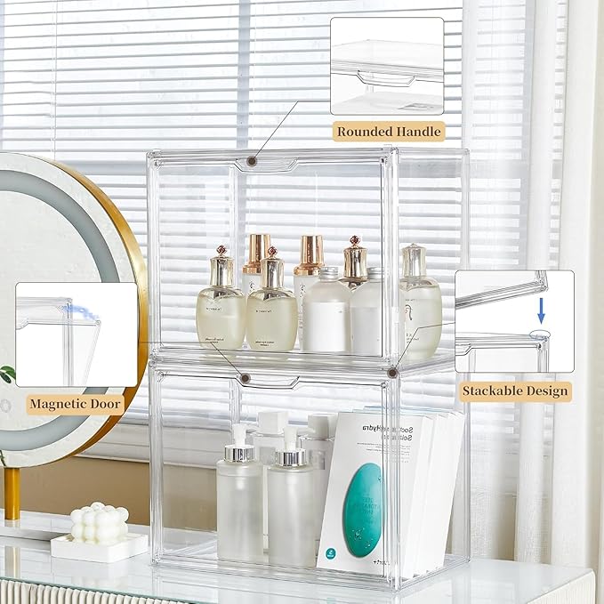 ZLLZUU Clear Storage Bins with Lids, 5 Pack Acrylic Display Case with Magnetic Door for Cosmetic Collectibles Large Figures Models, Stackable Acrylic Storage Box for Home Office Living Room Dorm