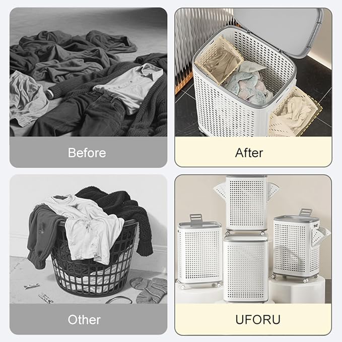 Plastic Laundry Basket with Lid and Wheels, Clothes Hamper with Side Compartments and Brakes, Portable Laundry Hamper on Wheels for Easy Mobility for Bathroom and Bedroom