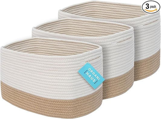OrganiHaus Rope Baskets for Shelves - Set of 3 Woven Storage Baskets for Organizing, Closet & Toy Storage - Honey/Off-White - 15x9x10