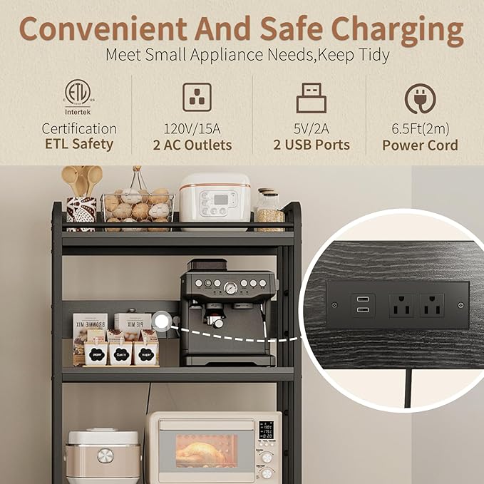 METYERRY Adjustable 4-Tier Heavy Duty Kitchen Baker's Rack with Power Outlet, with Industrial Wheels, Free Standing Microwave Oven Cart Stand for Storage, Garage, Mini Fridge Stand, Black