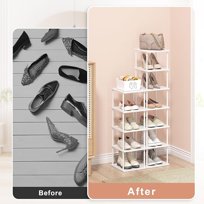 MHXW SXPN Bamboo Free Standing Shoe Rack Shelf Multi Tier Tall Wooden Stackable Shoes Rack Organizer for Closet Front Door Entrance Narrow Vertical Shoe Storage (White, 12 Tiers)
