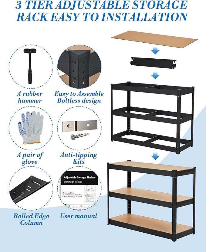 Garvee Garage Storage Shelves,60x24x36 Garage Shelving Heavy Duty Metal Adjustable Garage Shelves,3-Tier Adjustable Shelving Units,Loads 1500 LBS,Metal Storage Utility Racks for Warehouse